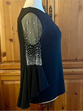 Elegant Pearl-Embellished Sleeve Top, Black, XL